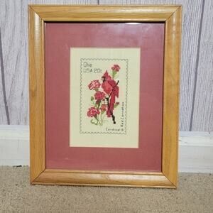 Vtg Framed Cross Stitch Cardinal & Red Carnation Ohio Postage Stamp, 9.5x11.5